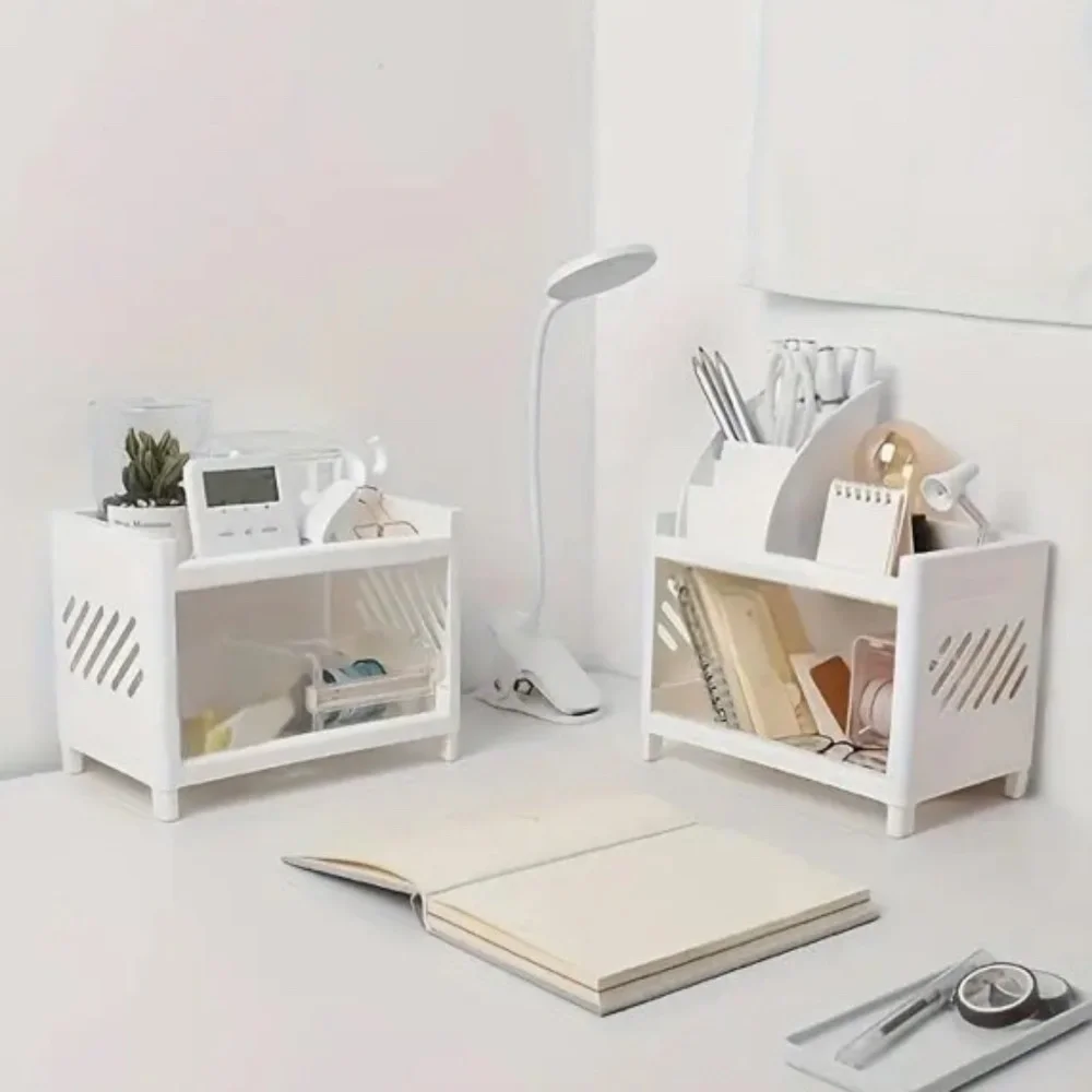 White Plastic Desktop Storage Rack -Multi-Functional Rectangular Organizer Shelf - Picture 5 of 8
